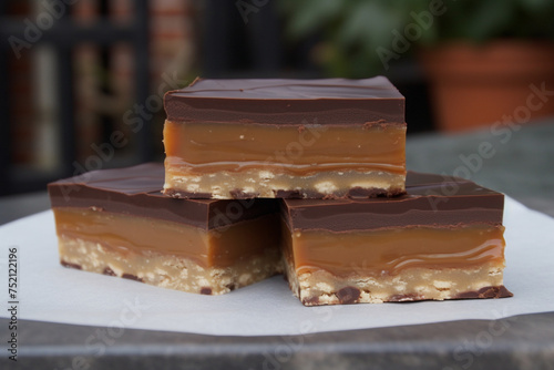 Three chocolate caramel slices generative AI