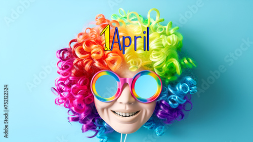 April paper word sign with clown colorful spectrum paint brush strokes over blue background 