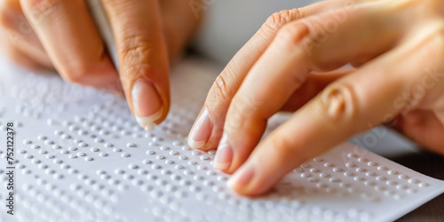 close up hand of person reading a paper braille 