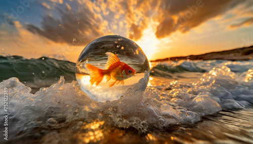 Close-up of a small goldfish inside a crystal sphere or glass sphere, among the sea waves crashing during the storm at sunset or sunrise. Generative Ai. © Alberto Masnovo