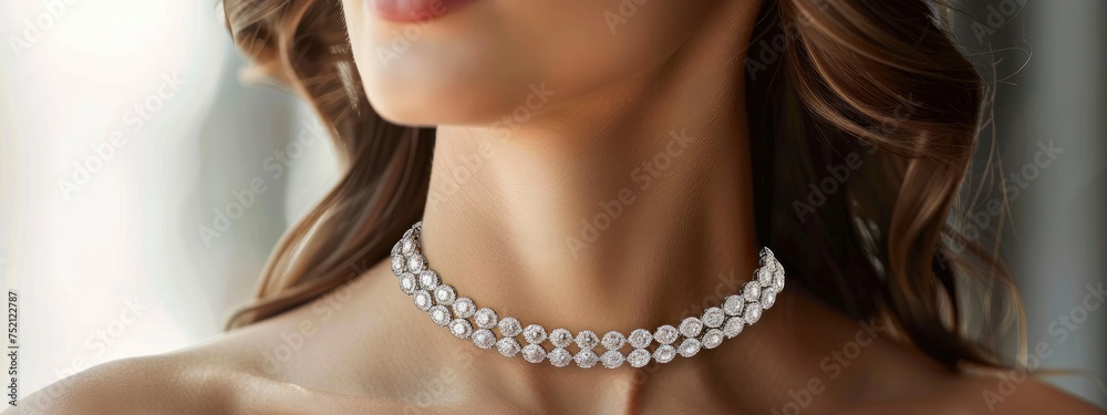 Young Woman Adorning Diamond Station Necklace, Exquisite Luxury Jewelry