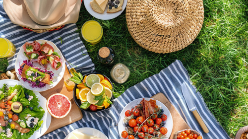 A variety of food items arranged neatly on a blanket for a picnic, including sandwiches, fruits, cheese, and beverages