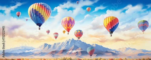 
A watercolor illustration design of the Albuquerque International Balloon Fiesta, featuring colorful hot air balloons soaring over the scenic landscapes of New Mexico.
 photo