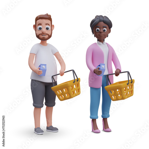 Set of buyers of different types. Light skinned man and dark skinned woman