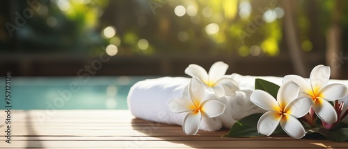 natural relaxing spa composition massage table in wellness center with towels plumeria frangipani flower banner copy space