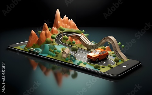  journey on the road on mobile phone screen, 3d illustration