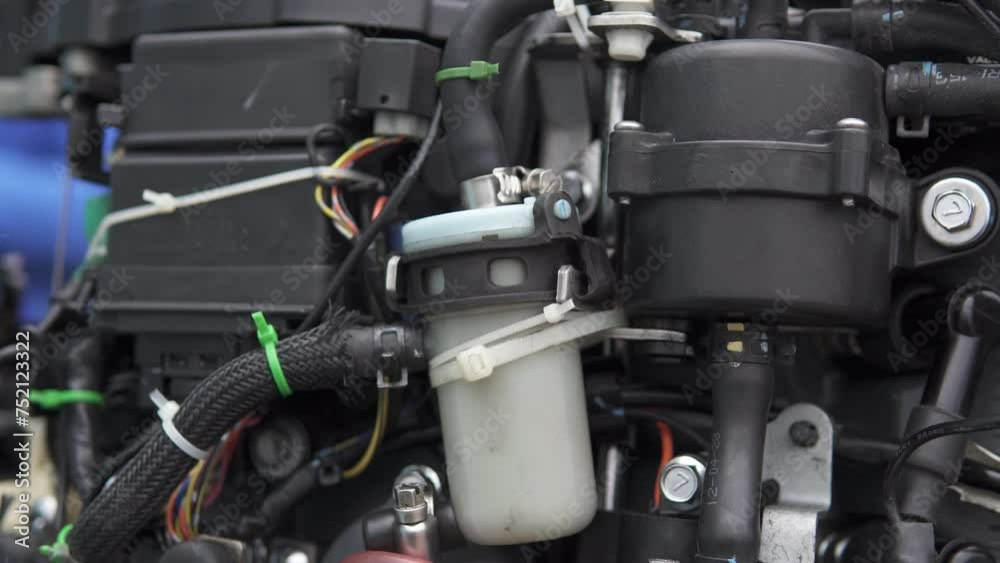 Closeup of the mechanism of an injection boat motor. Repair of two