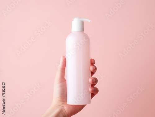 Hand holding a clear plastic cosmetic bottle pale pink background blank mock-up products suitable for brand photography.