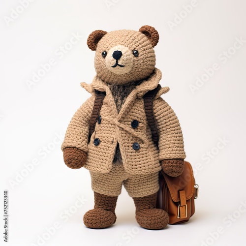 Cute knitted teddy bear. Vintage Toy animal in coat made of large rough threads.