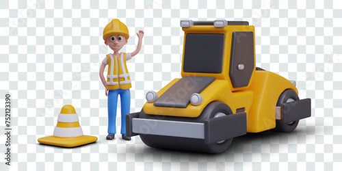 Builder is standing next to road roller. Man in protective helmet and vest waves