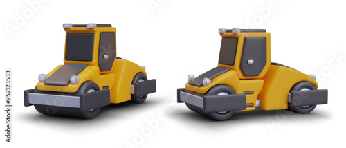 3D yellow and black road roller, view from different angles. Heavy construction equipment