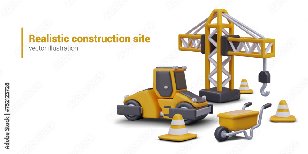 Realistic scene from construction site. Lifting crane, road roller, signal cones, wheelbarrow Realistic scene from construction site. Lifting crane, road roller, signal cones, wheelbarrow