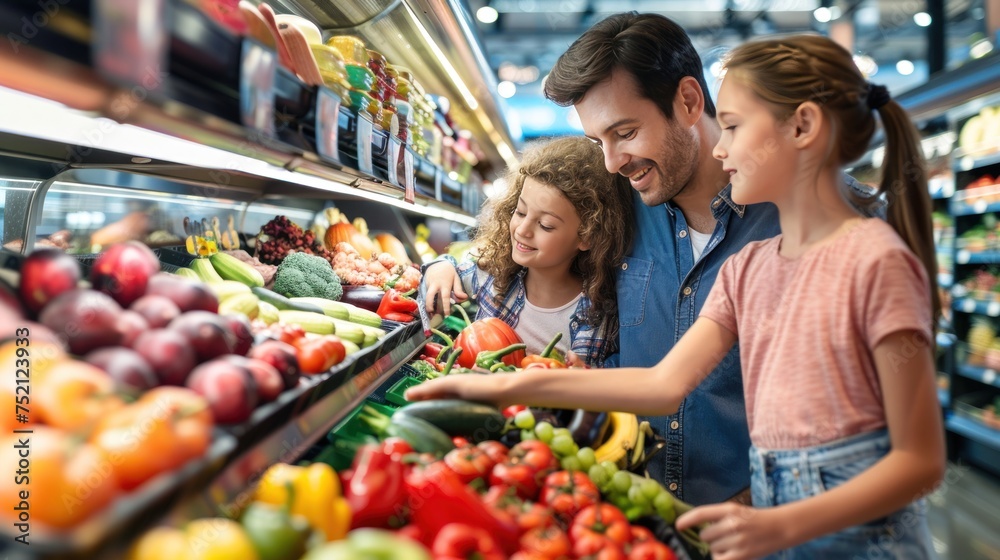 Happy family shopping together in the fruit section with children Choose vegetables and fruits.