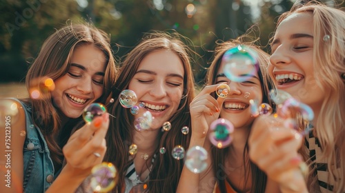 Group of happy women having fun playing bubble blowing game in the park with friends Celebrate their friendship
