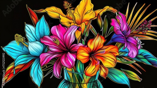 Vibrant Tropical Blossom  Coloring Image of Flower in Vase Against Black Background.