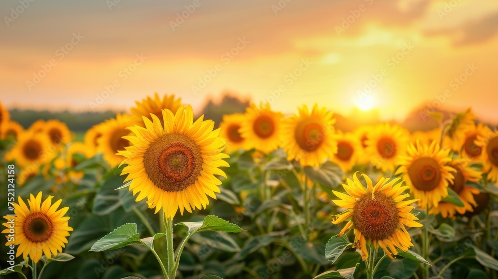 Sunflowers field on a sunset background
