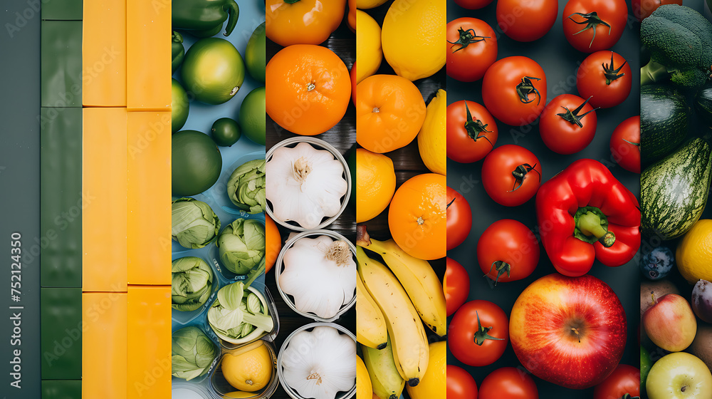 A vibrant collage showcasing various fruits and vegetables, emphasizing reducing food waste through environmentally conscious practices - obrazy, fototapety, plakaty 