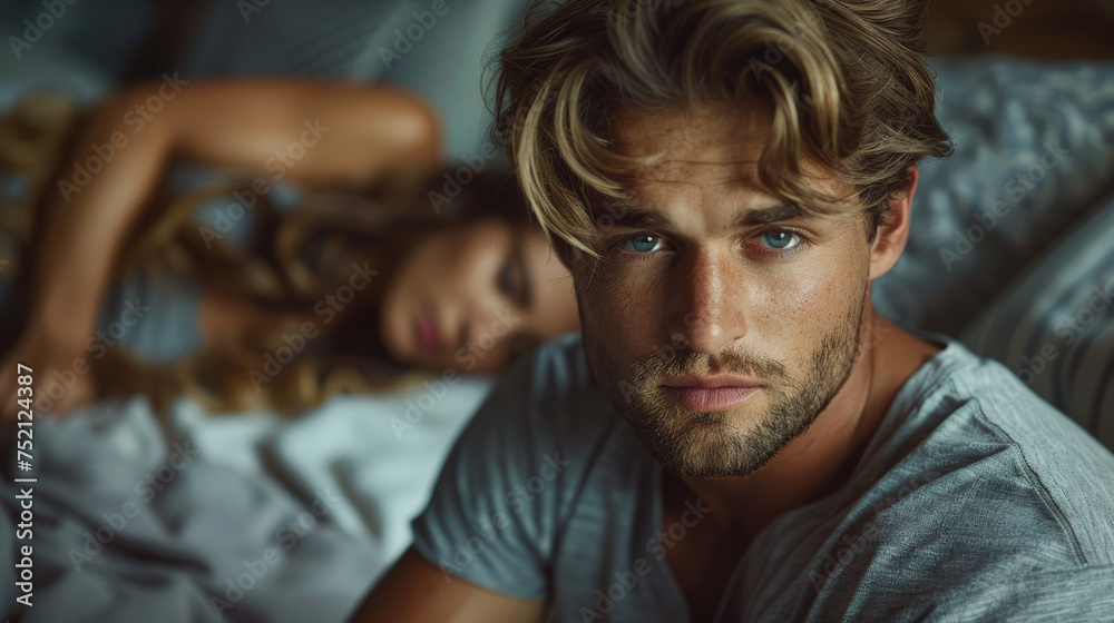 Depressed man sitting on edge of bed with girl sleeping nearby Depressed man sitting on edge of bed with girl sleeping nearby