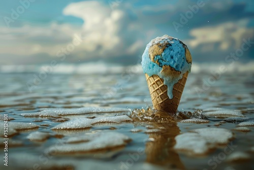 A striking visual metaphor for global warming, featuring a melting ice cream cone with an Earth design on a wet surface. generative ai