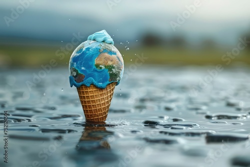 A striking visual metaphor for global warming, featuring a melting ice cream cone with an Earth design on a wet surface. generative ai