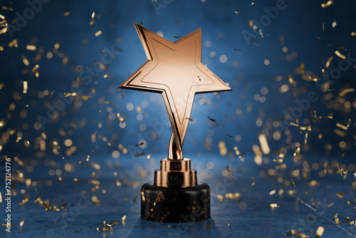 Gold star on a blue background as a reward. Top Performance Award. Winners Cup. Achievements. Victory. Goal achievement concept. Winner certificate. First place in a computer game. 3D rendering.
