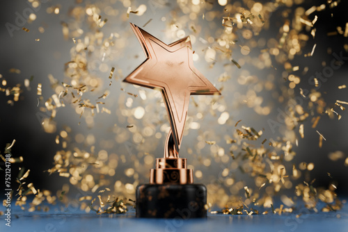 Gold star on a blue background as a reward. Winner certificate. First place in a computer game. Top Performance Award. Winners Cup. Achievements. Victory. Golden confetti. 3D rendering.