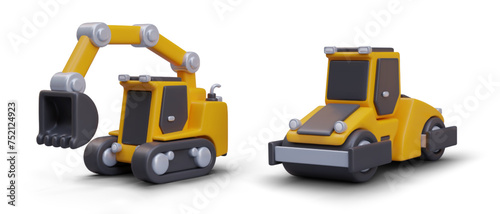 Realistic excavator and road roller. Heavy construction equipment