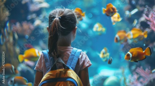 Curiosity Captured, Young Girl with Backpack, Mesmerized by Fish in Aquarium, Immersed in Underwater Wonder