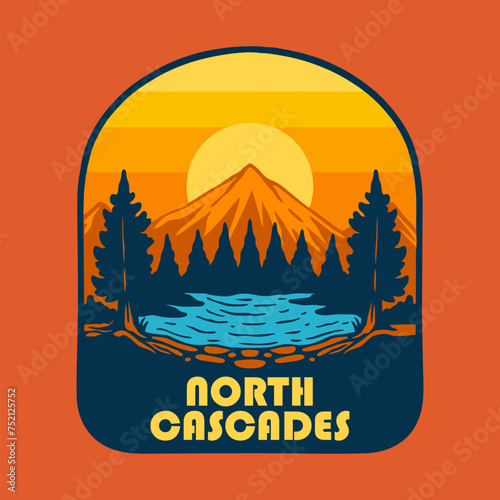 SUNSET ON NORTH CASCADES NATIONAL PARK BADGE LOGO DESIGN VECTOR ILLUSTRATION