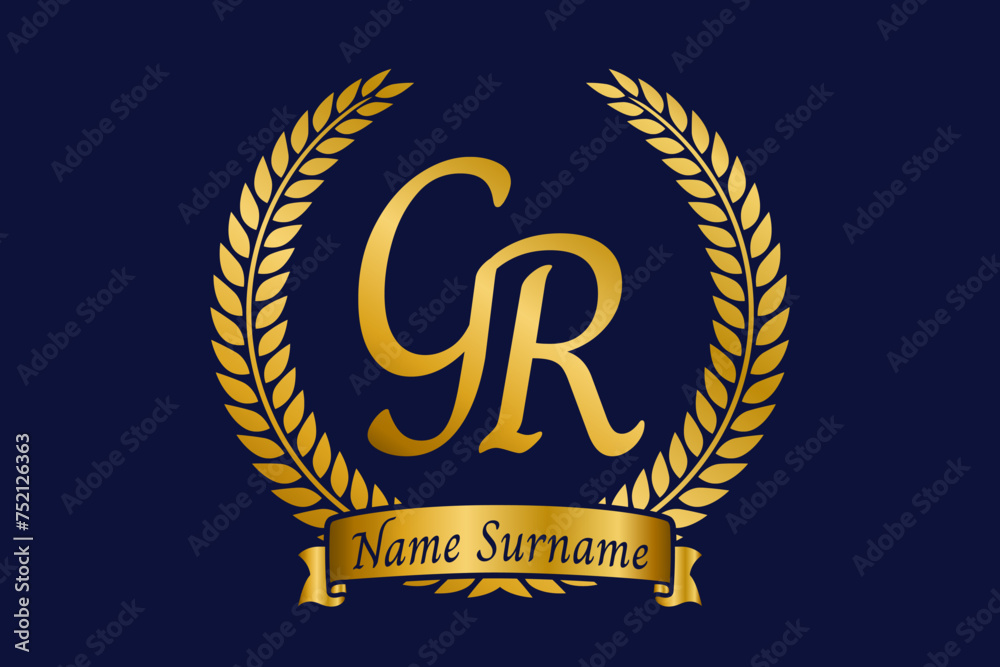 Initial letter G and R, GR monogram logo design with laurel wreath. Luxury golden calligraphy font. Initial letter G and R, GR monogram logo design with laurel wreath. Luxury golden calligraphy font.