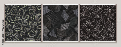 Seamless gray camouflage patterns with abstract wavy lines, horoscope signs, splattered paint, scattered tulle patches. Dense random composition. Grunge texture