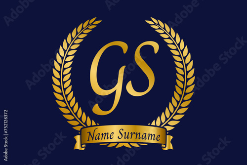 Initial letter G and S, GS monogram logo design with laurel wreath. Luxury golden calligraphy font.
