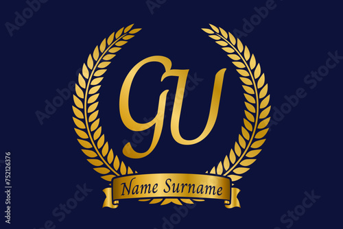 Initial letter G and U, GU monogram logo design with laurel wreath. Luxury golden calligraphy font.