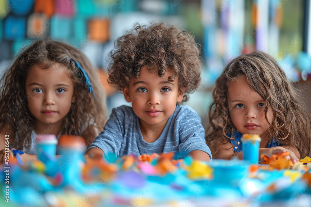 Fototapeta premium Portrait of three adorable multiracial children sitting at a table and looking at the camera with big smiles on their faces