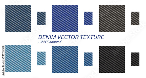 Set of denim textures. Sample tile for seamless patterns. Traditional colors for jeans. Classic old texture.