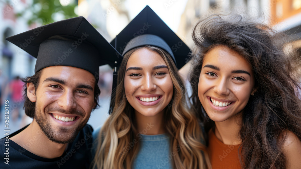 Close-up portrait of joyful cheerful college graduates. Receiving a diploma and completing studies. Close-up portrait of joyful cheerful college graduates. Receiving a diploma and completing studies.