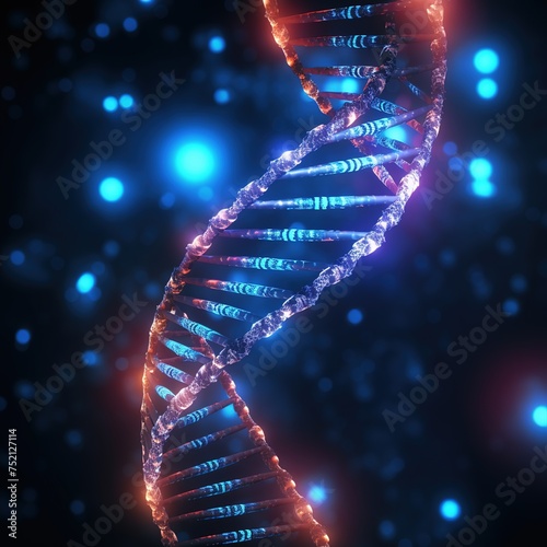 A hologram of DNA on a dark background, a concept of science and biology.