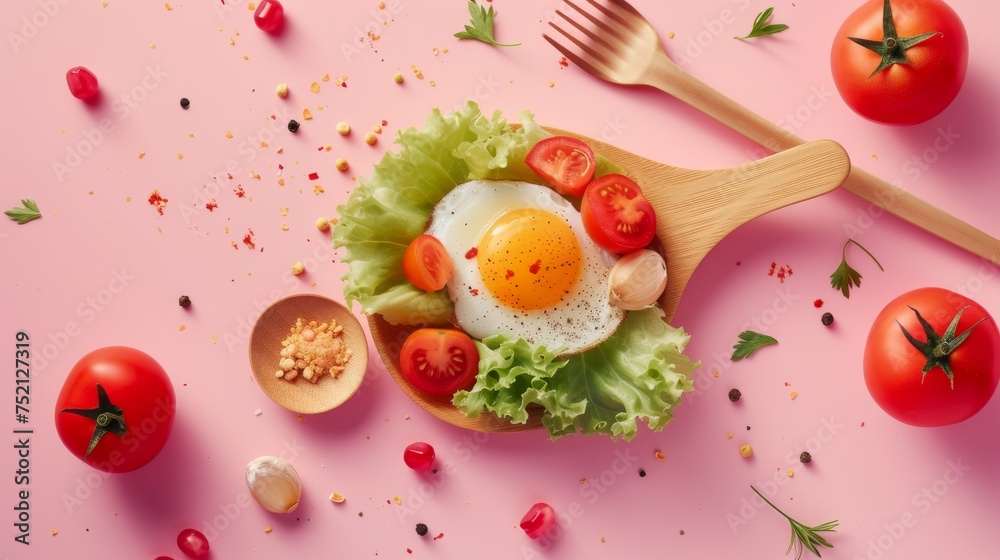 A vibrant, appetizing dish of a fresh breakfast salad with egg, tomatoes, and various greens, on a pink background A vibrant, appetizing dish of a fresh breakfast salad with egg, tomatoes, and various greens, on a pink background