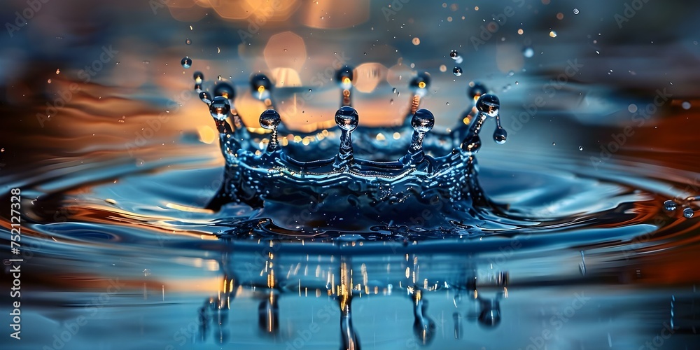 Crown gracefully dropping into water, forming elegant ripples and reflections. Concept Water Droplet, Crown, Reflection, Graceful, Elegance