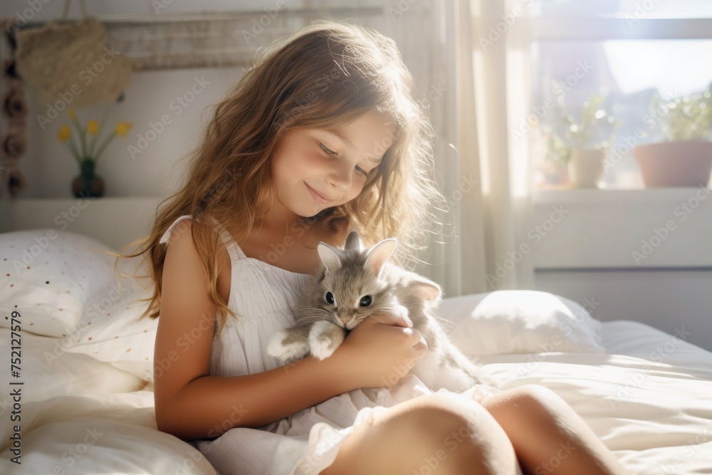 Petite fille avec un lapin dans les bras Petite fille avec un lapin dans les bras
