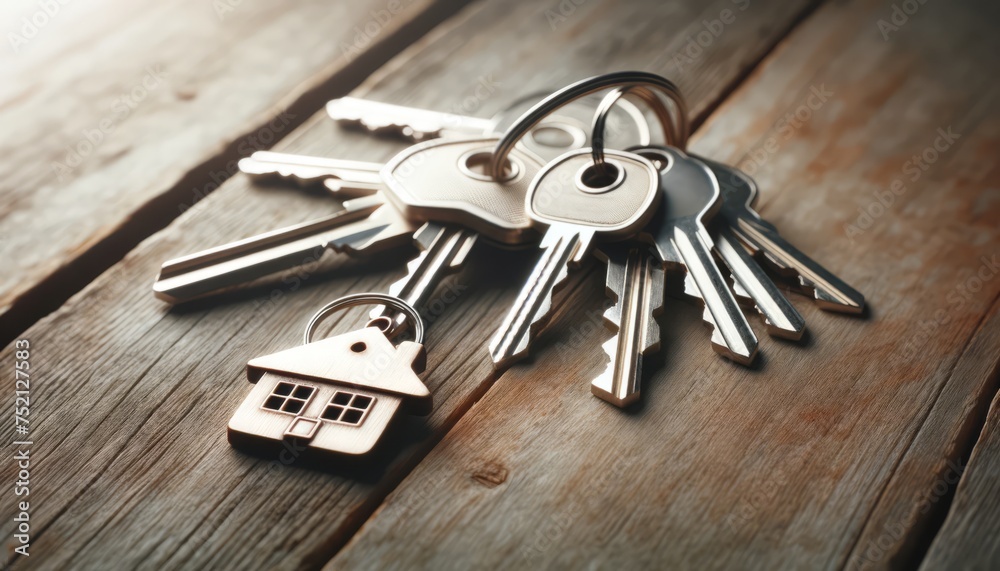 Bunch of keys with a house keychain lying on a wooden texture focus on home ownership Bunch of keys with a house keychain lying on a wooden texture focus on home ownership