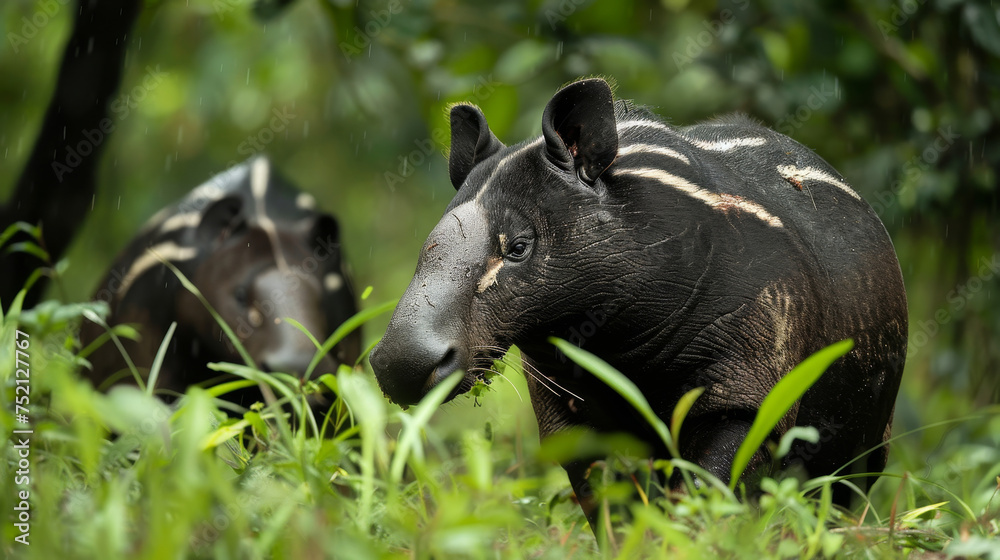 Fototapeta premium Malayan tapir and her striped calf among green leaves.