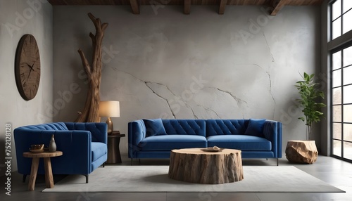 sophisticated visual representation of an elegant loft living room interior, featuring a luxurious blue velvet sofa and a rustic wood stump side table set against a backdrop of a stone structure wall
