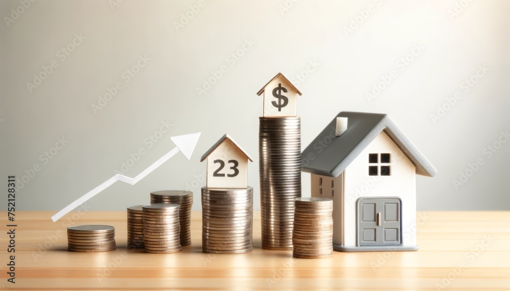 Conceptual photo of stacked coins and house models with upward growth arrow indicating real estate investment Conceptual photo of stacked coins and house models with upward growth arrow indicating real estate investment