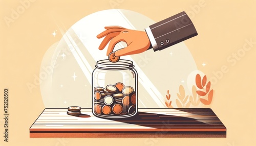 Illustration of a hand putting coins into a glass jar, concept of saving or investment