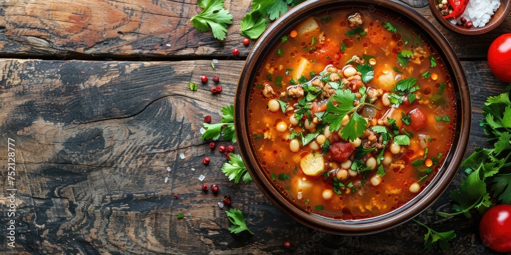 pozole soup on wooden background. ai generated pozole soup on wooden background. ai generated