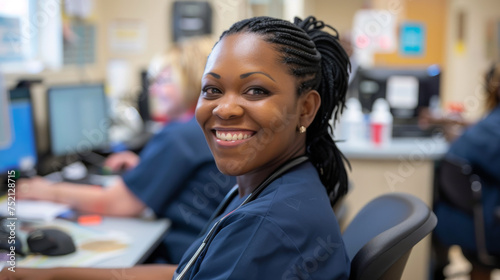 Cheerful African American Nurse at Workstation in Hospital photo