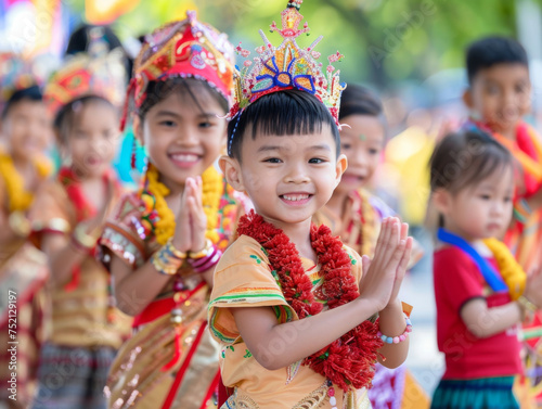Joyful Children in Traditional Asian Attire Celebrating Cultural Festival