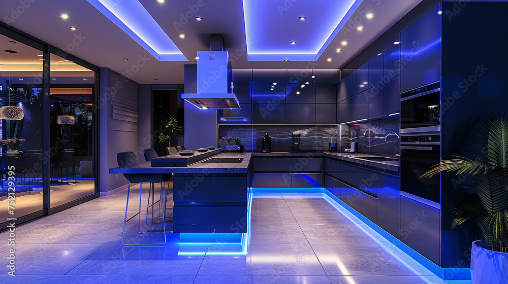 Interior design, a sleek contemporary minimalist kitchen with ambient lighting Interior design, a sleek contemporary minimalist kitchen with ambient lighting