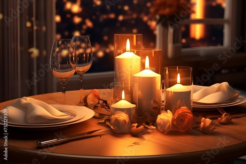 Candlelit Romance: A romantic scene with candles casting a warm glow on a beautifully set table.